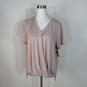 Calvin Klein Top Womens XL Pink V Neck Ruched Front Short Sleeve Knit Stretch NW